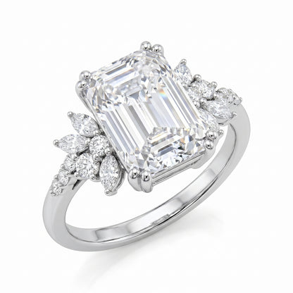 3.5ct Emerald Cut Lab Grown Diamond Engagement Ring • Vintage Yellow Gold Cluster Bridal Ring