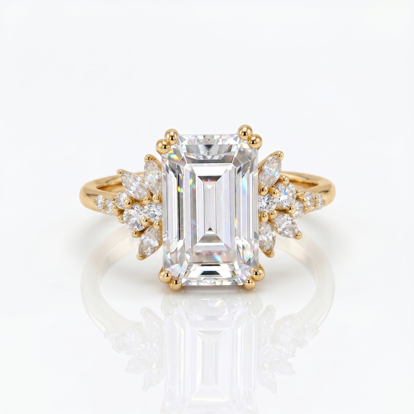3.5ct Emerald Cut Lab Grown Diamond Engagement Ring • Vintage Yellow Gold Cluster Bridal Ring