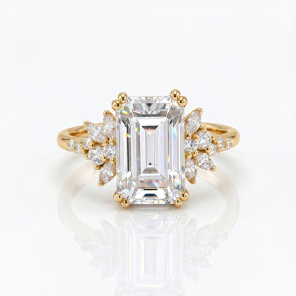 3.5ct Emerald Cut Lab Grown Diamond Engagement Ring • Vintage Yellow Gold Cluster Bridal Ring