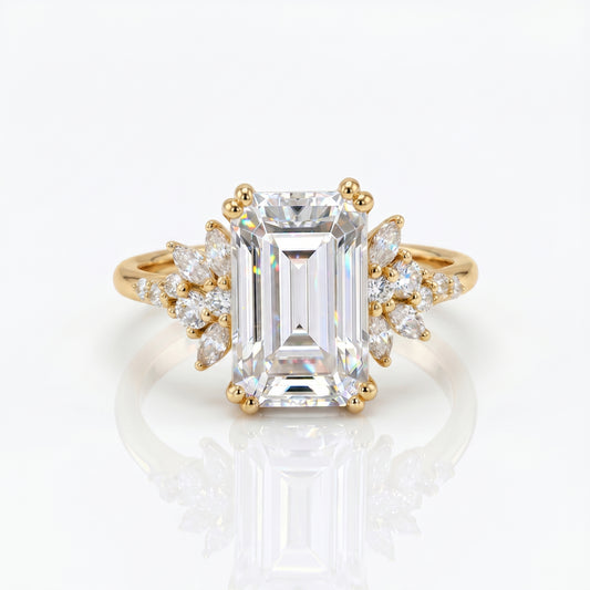 3.5ct Emerald Cut Lab Grown Diamond Engagement Ring • Vintage Yellow Gold Cluster Bridal Ring