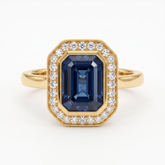 2.00 CT Blue Sapphire Radiant Cut Halo Lab-Grown Engagement Ring
