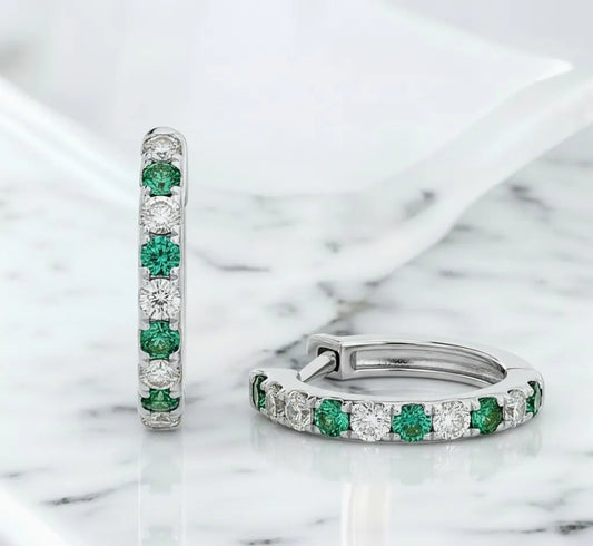 Alternating Lab-Grown Diamond & Emerald Petite Hoop Earrings