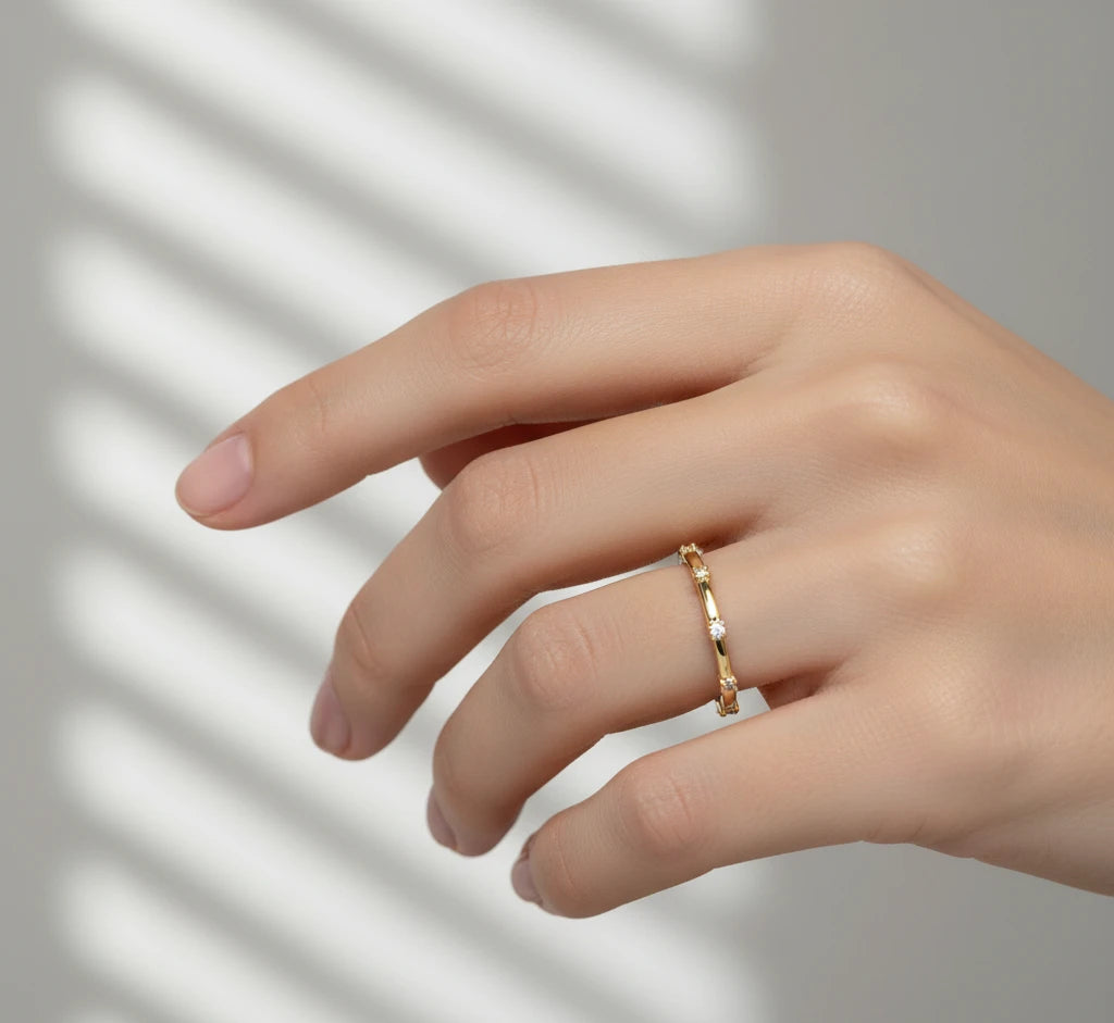 14K Gold Beaded Rosary Ring with Moissanite – Unique Jewelry Gift for Her