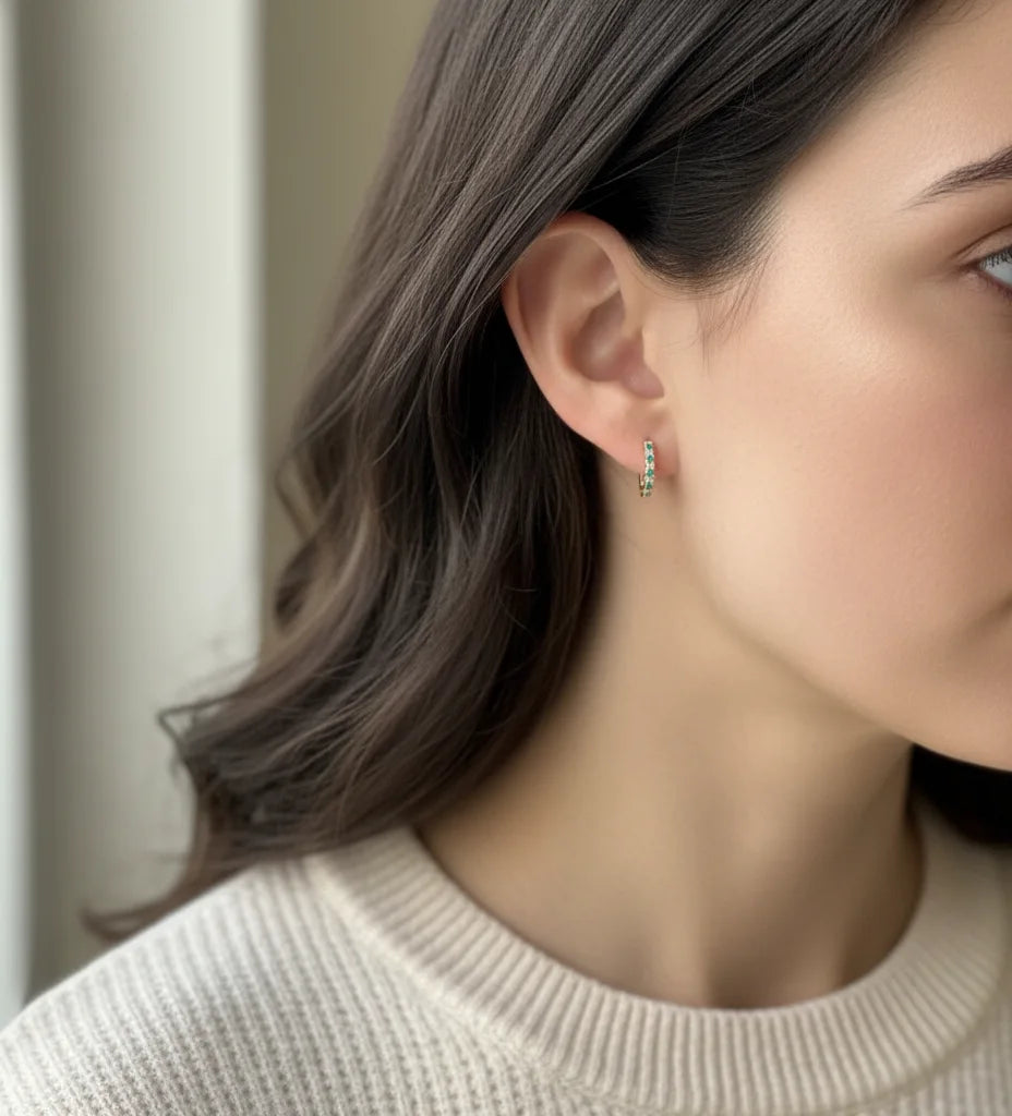 Alternating Lab-Grown Diamond & Emerald Petite Hoop Earrings