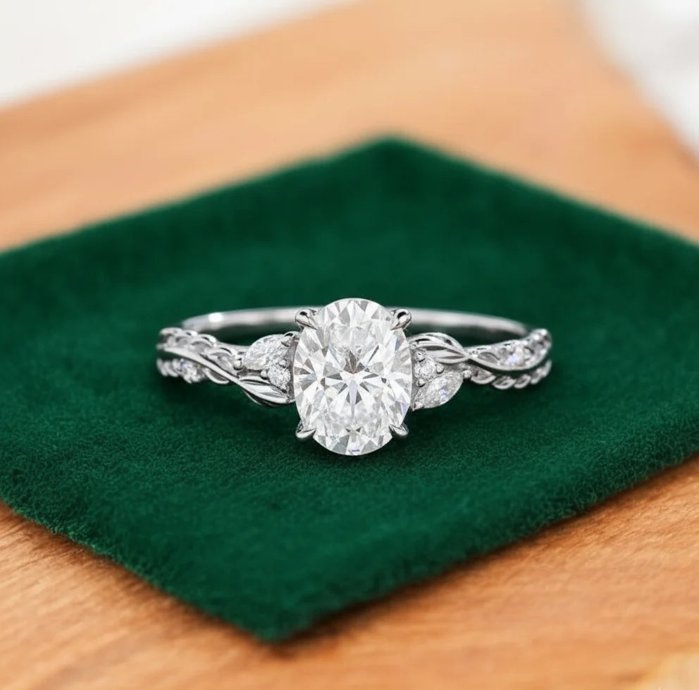 1.60ct Oval Lab Grown Diamond Engagement Ring - Leaf Art Deco